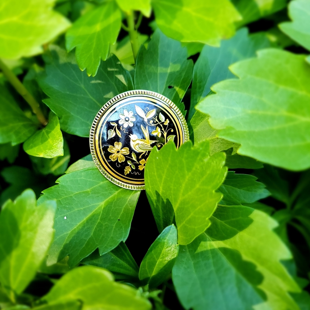 Vintage Damascene Bird & Flowers Round Brooch